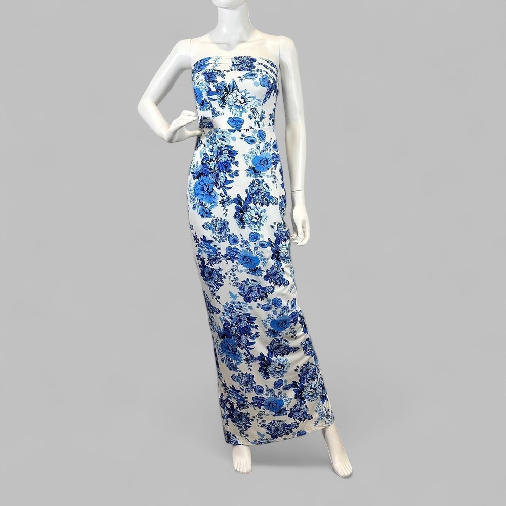 COMMENSE Blue & White Floral Strapless Maxi Dress | S | Coquette‎ Cottagecore